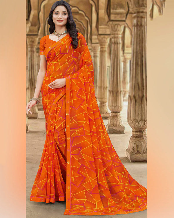 Vishal Prints Dark Orange Printed Georgette Saree With Fancy Border