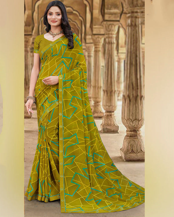 Vishal Prints Dark Mustard Printed Georgette Saree With Fancy Border