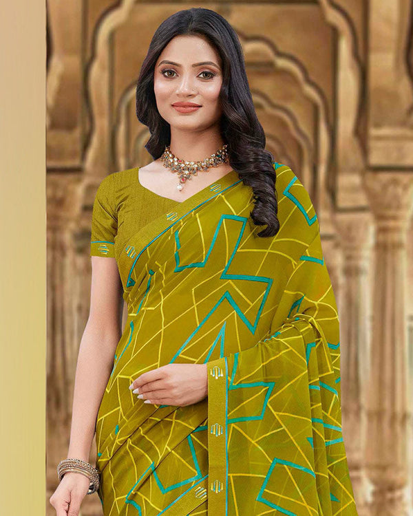 Vishal Prints Dark Mustard Printed Georgette Saree With Fancy Border