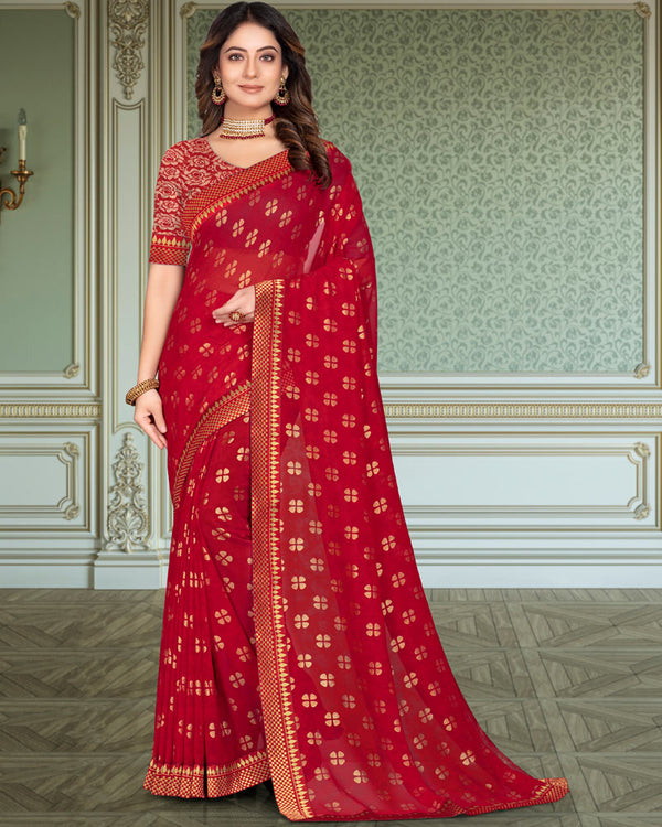 Vishal Prints Cherry Red Georgette Saree With Foil Print And Zari Border