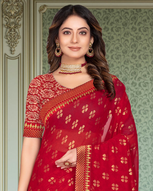 Vishal Prints Cherry Red Georgette Saree With Foil Print And Zari Border