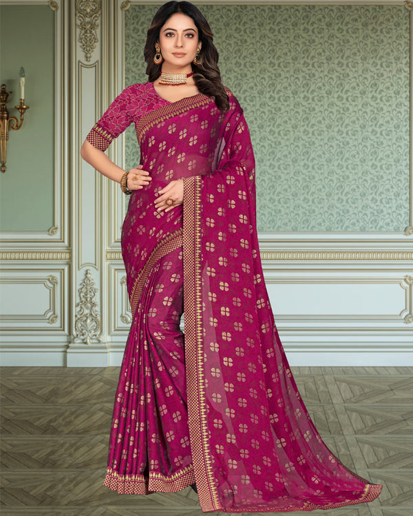 Vishal Prints Wine Chiffon Saree With Foil Print And Zari Border