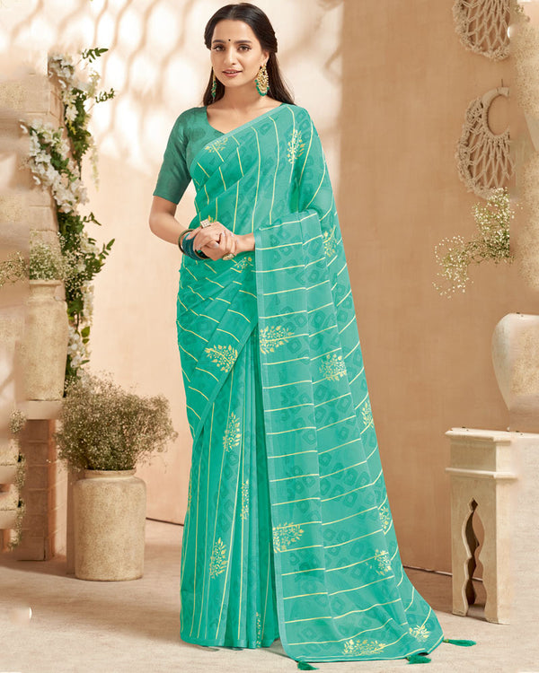 Vishal Prints Aqua Green Designer Patterned Chiffon Saree With Foil Print And Tassel