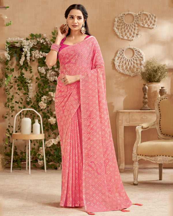 Vishal Prints Coral Pink Designer Patterned Chiffon Saree With Foil Print And Tassel