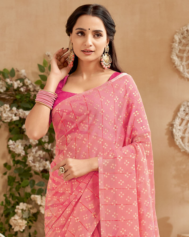 Vishal Prints Coral Pink Designer Patterned Chiffon Saree With Foil Print And Tassel