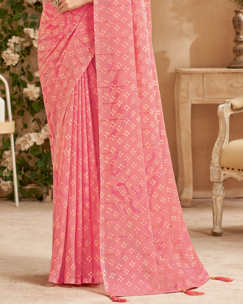 Vishal Prints Coral Pink Designer Patterned Chiffon Saree With Foil Print And Tassel