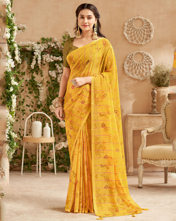 Vishal Prints Mustard Designer Patterned Chiffon Saree With Foil Print And Tassel