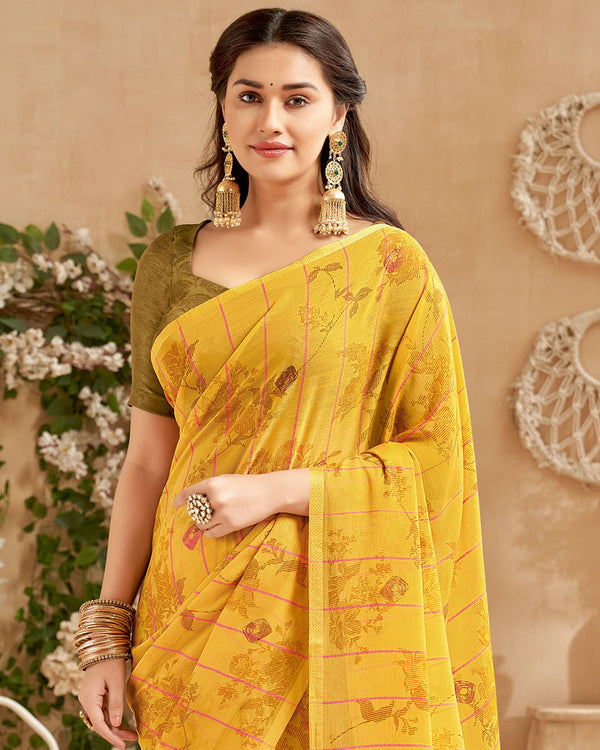 Vishal Prints Mustard Designer Patterned Chiffon Saree With Foil Print And Tassel