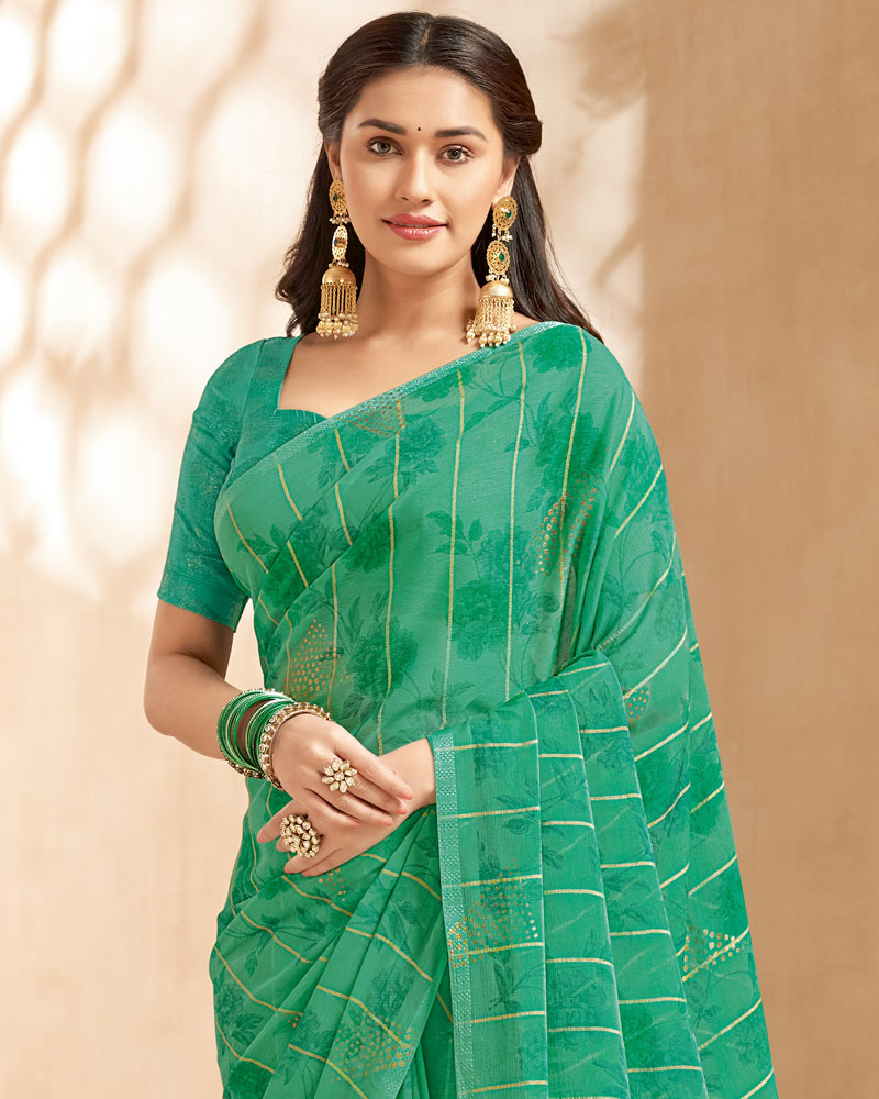 Vishal Prints Dark Sea Green Designer Patterned Chiffon Saree With Foil Print And Tassel