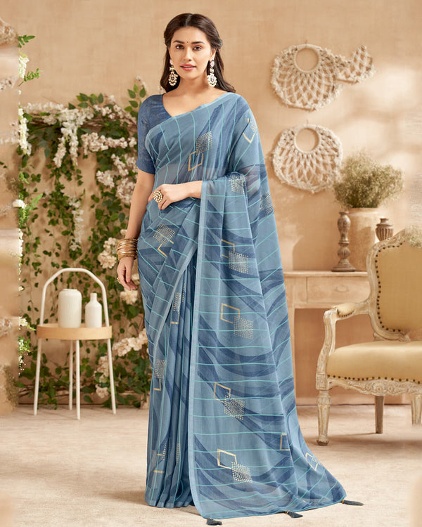 Vishal Prints Dark Pastel Blue Designer Patterned Chiffon Saree With Foil Print And Tassel