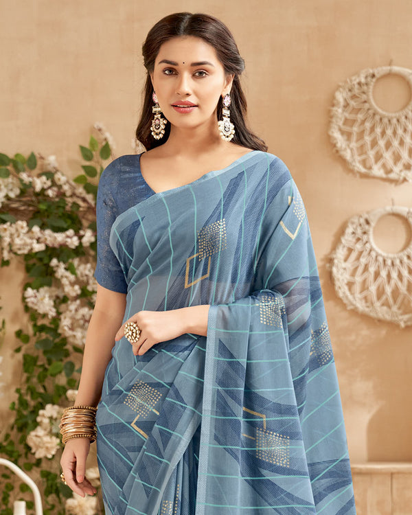 Vishal Prints Dark Pastel Blue Designer Patterned Chiffon Saree With Foil Print And Tassel