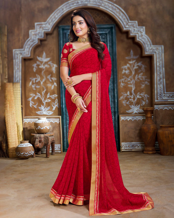 Vishal Prints Cherry Red Georgette Saree With Fancy Border