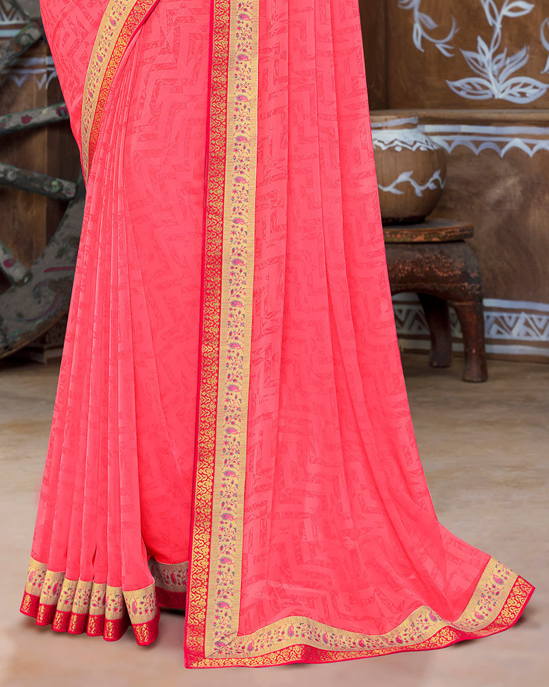 Vishal Prints Red Pink Georgette Saree With Fancy Border