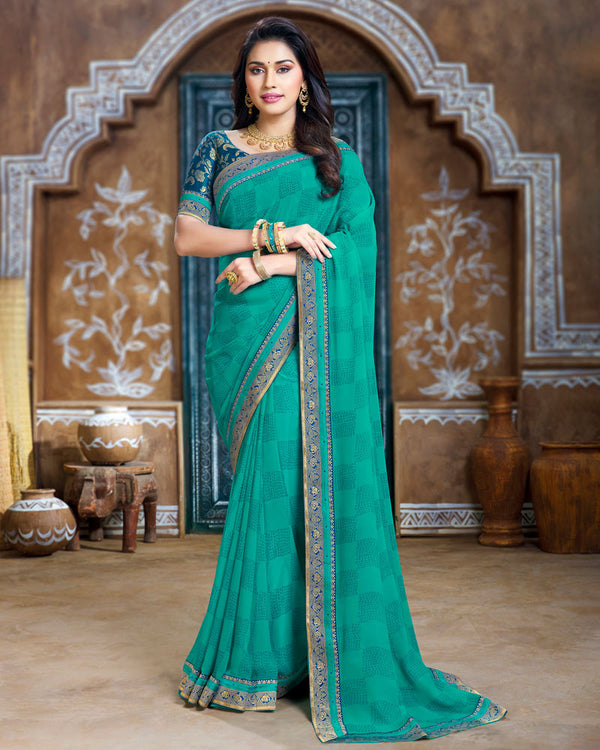 Vishal Prints Teal Blue Georgette Saree With Fancy Border