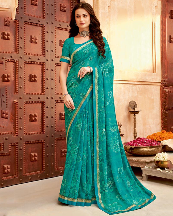 Vishal Prints Teal Green Printed Georgette Saree With Foil Print And Zari Border