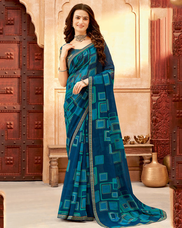 Vishal Prints Blue Whale Printed Georgette Saree With Foil Print And Zari Border