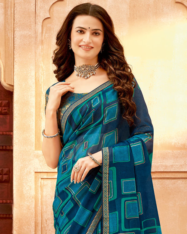 Vishal Prints Blue Whale Printed Georgette Saree With Foil Print And Zari Border