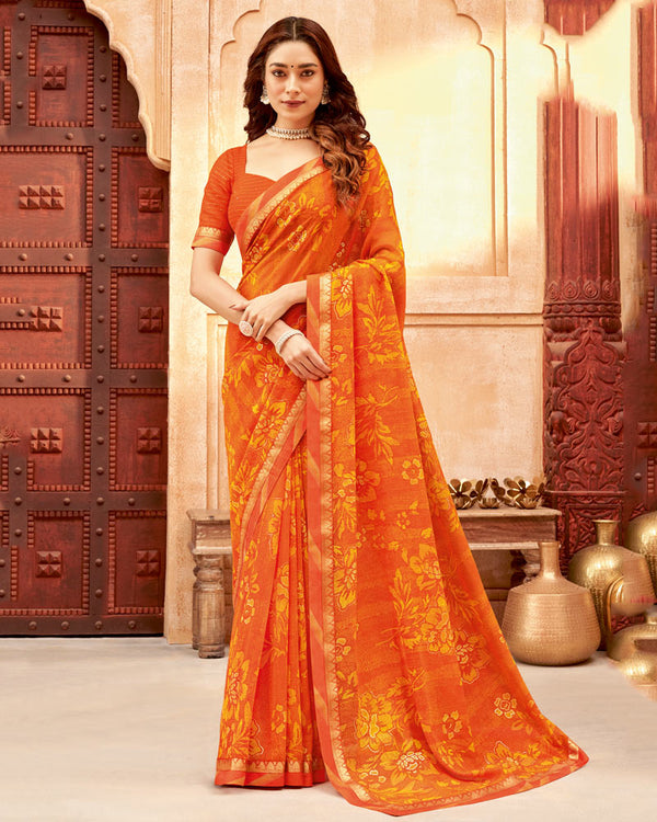 Vishal Prints Dark Orange Printed Georgette Saree With Foil Print And Zari Border