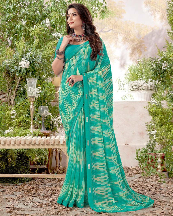 Vishal Prints Teal Blue Printed Georgette Saree With Fancy Border