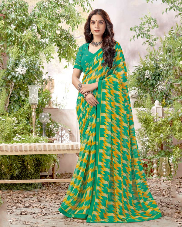 Vishal Prints Aqua Green Printed Georgette Saree With Fancy Border