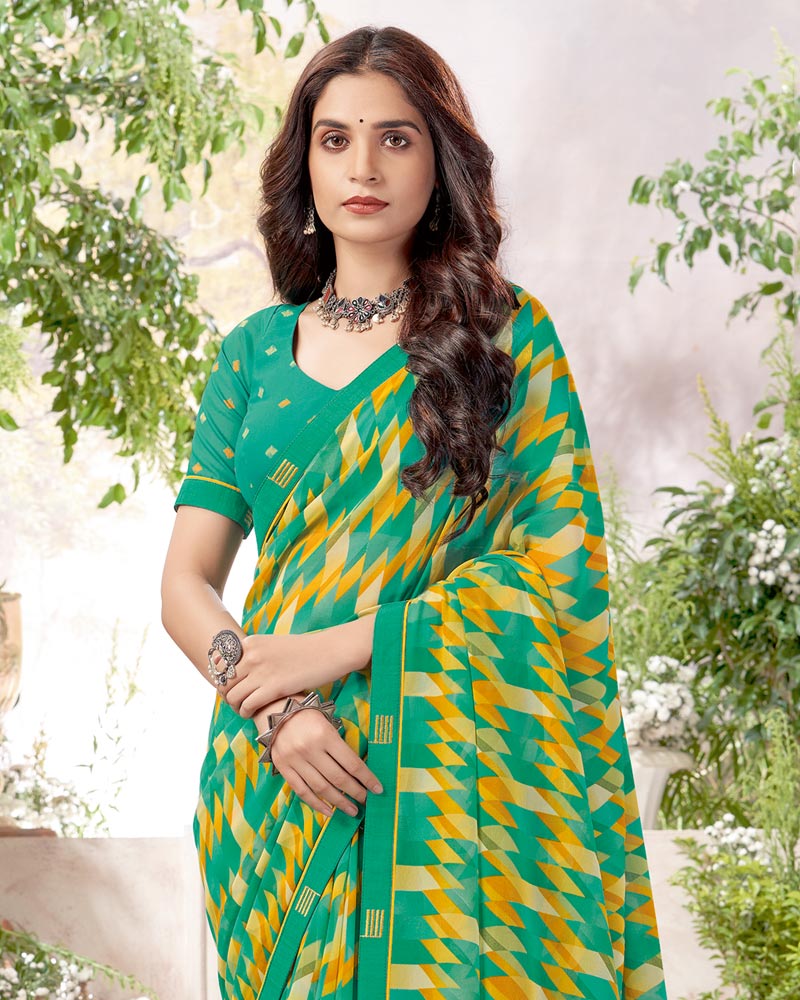 Vishal Prints Aqua Green Printed Georgette Saree With Fancy Border