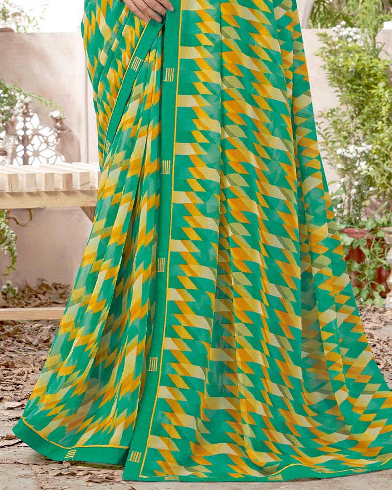 Vishal Prints Aqua Green Printed Georgette Saree With Fancy Border