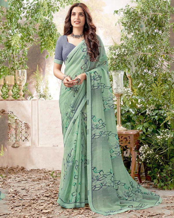 Vishal Prints Turquoise Green Printed Georgette Saree With Fancy Border