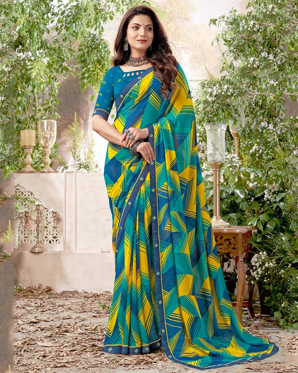 Vishal Prints Teal Blue Printed Georgette Saree With Fancy Border