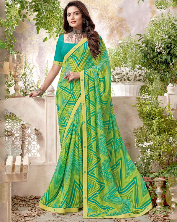 Vishal Prints Aqua Green Printed Georgette Saree With Fancy Border