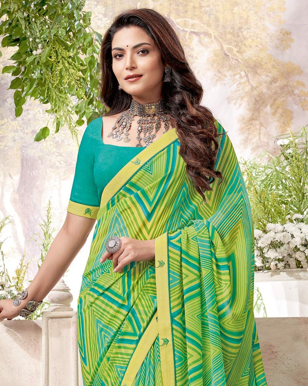 Vishal Prints Aqua Green Printed Georgette Saree With Fancy Border