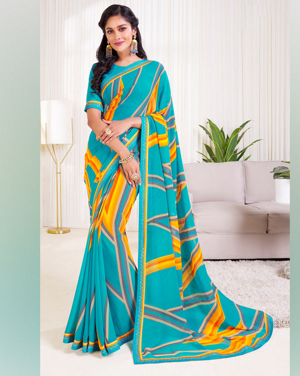 Vishal Prints Dark Turquoise Blue Printed Georgette Saree With Fancy Border