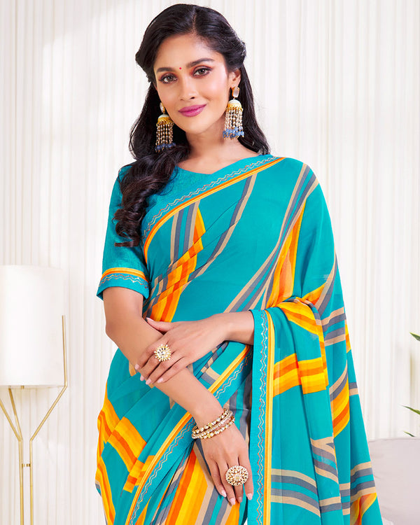 Vishal Prints Dark Turquoise Blue Printed Georgette Saree With Fancy Border