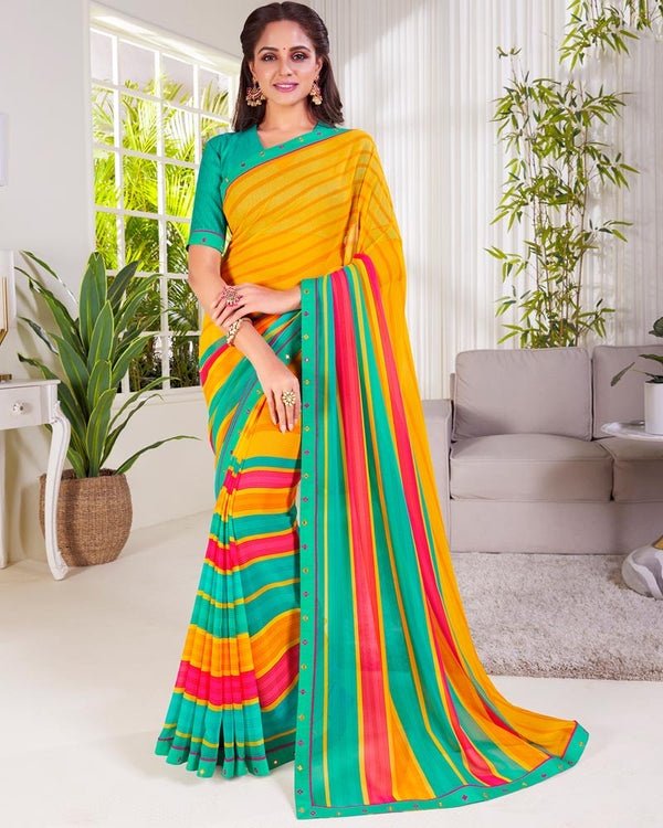 Vishal Prints Dark Yellow Printed Georgette Saree With Fancy Border