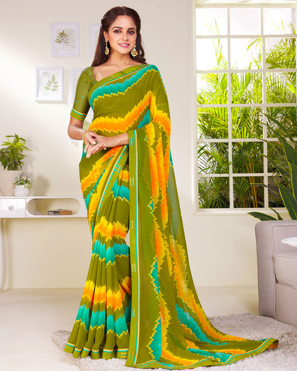 Vishal Prints Mehandi Green Printed Georgette Saree With Fancy Border