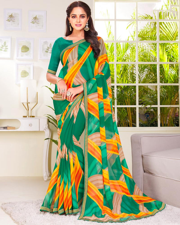 Vishal Prints Rama Green Printed Georgette Saree With Zari Border