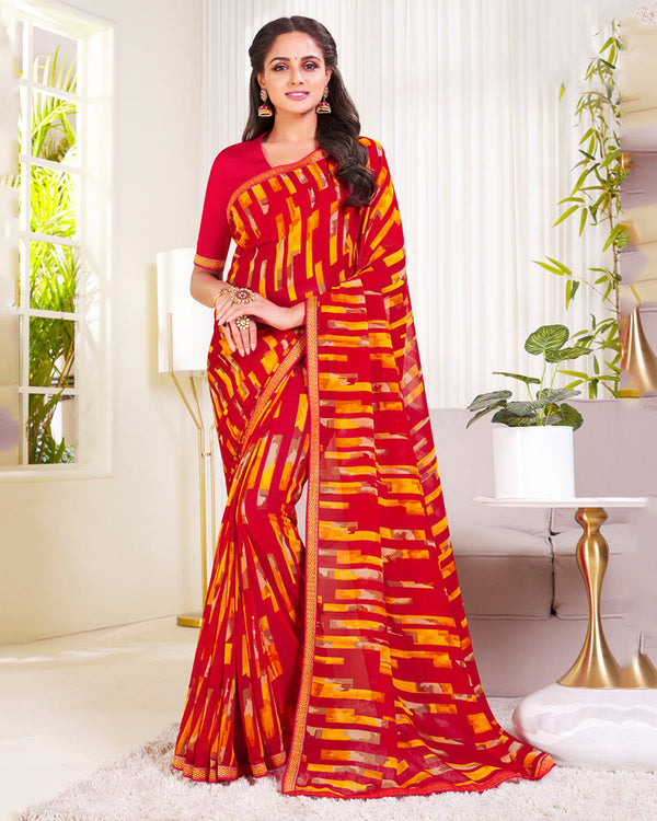 Vishal Prints Dark Red Printed Georgette Saree With Zari Border