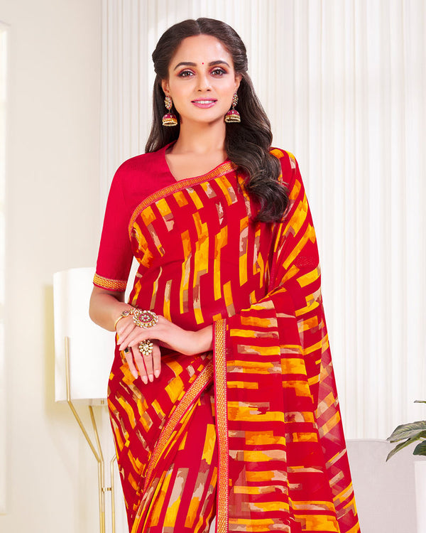 Vishal Prints Dark Red Printed Georgette Saree With Zari Border