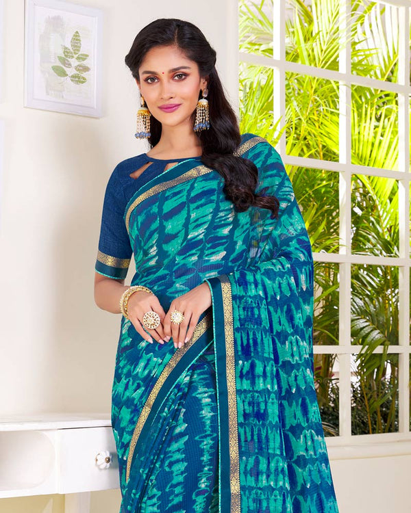 Vishal Prints Peacock Blue Printed Georgette Saree With Fancy Border