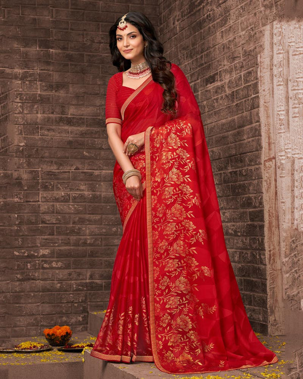 Vishal Prints Cherry Red Printed Chiffon Saree With Foil Print And Zari Border