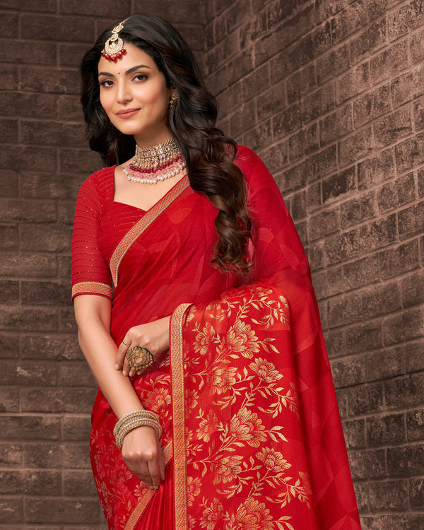 Vishal Prints Cherry Red Printed Chiffon Saree With Foil Print And Zari Border