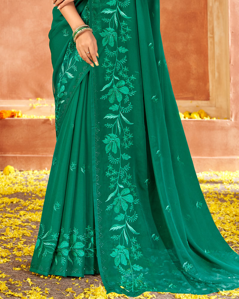 Vishal Prints Deep Sea Green Designer Georgette Saree With Embroidery And Diamond Work