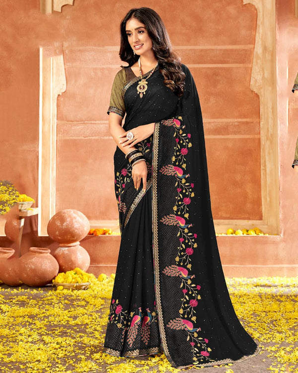 Vishal Prints Black Designer Georgette Saree With Embroidery And Diamond Work