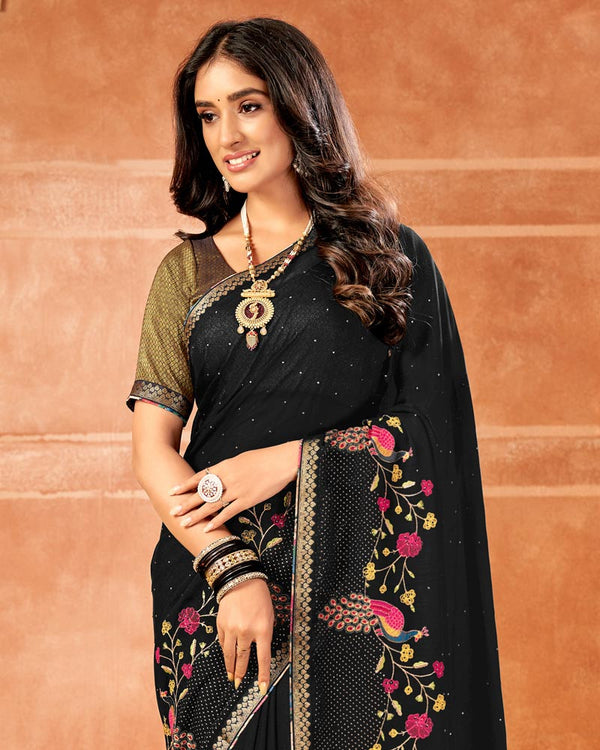 Vishal Prints Black Designer Georgette Saree With Embroidery And Diamond Work