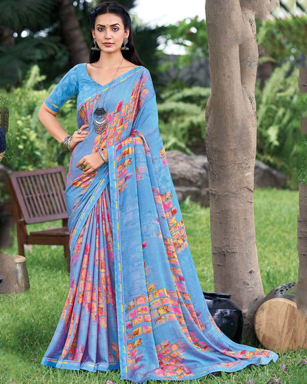 Vishal Prints Regent Blue Fancy Chiffon Digital Print Saree With Border