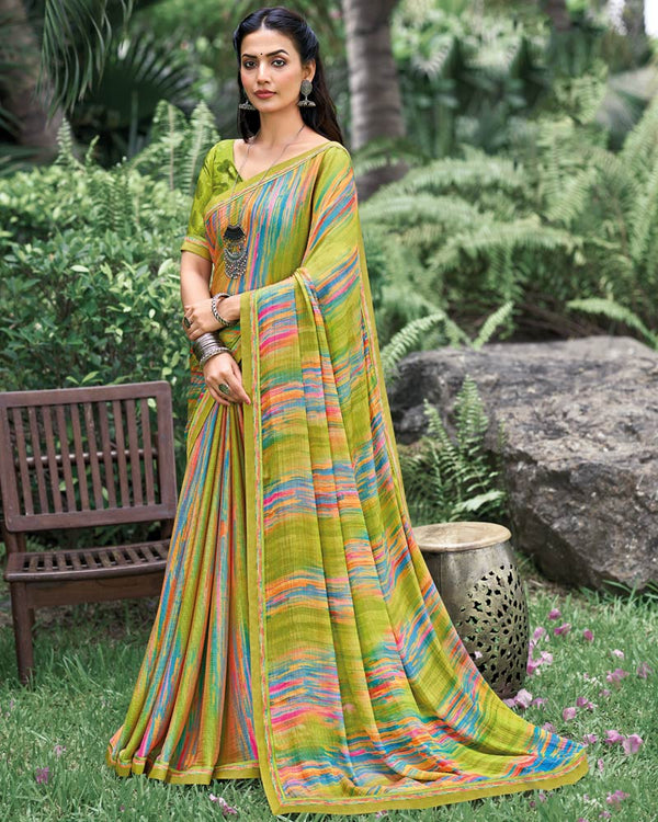 Vishal Prints Olive Green Fancy Chiffon Digital Print Saree With Border