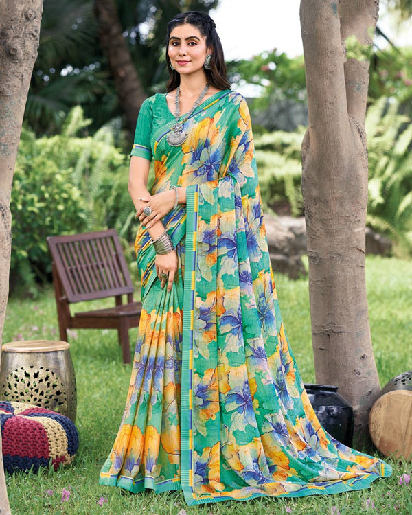 Vishal Prints Aqua Green Fancy Chiffon Digital Print Saree With Border