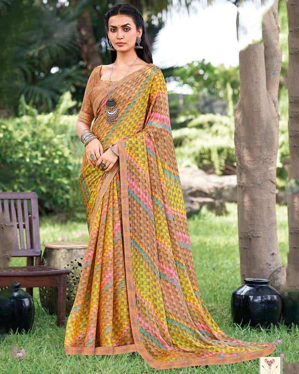 Vishal Prints Light Brown Fancy Chiffon Digital Print Saree With Border