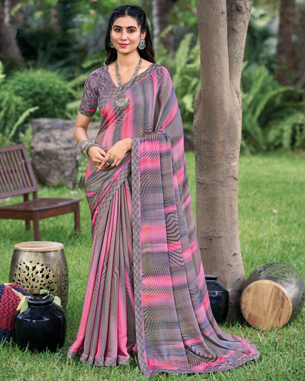 Vishal Prints Venus Grey Fancy Chiffon Digital Print Saree With Border