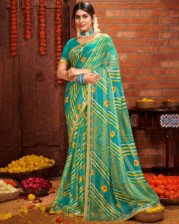 Vishal Prints Teal Green Patterned Chiffon Bandhani Print Saree With Fancy Border