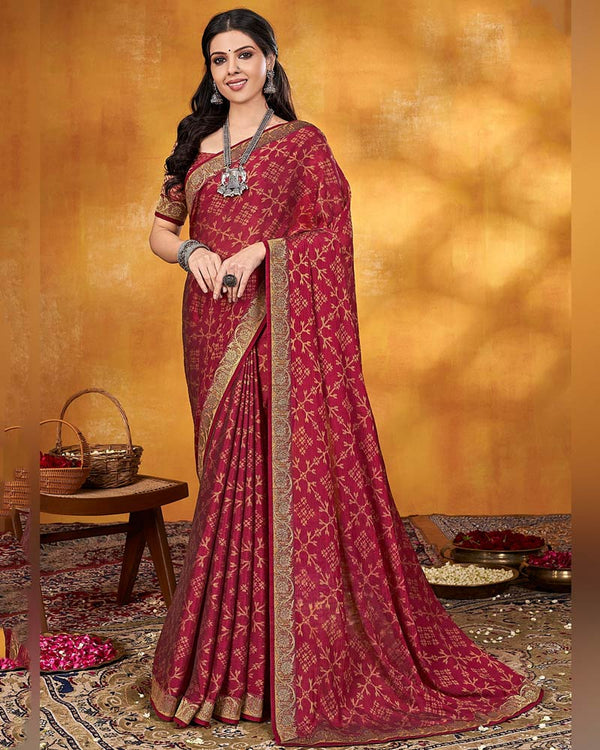 Vishal Prints Burgundy Brasso Saree With Zari Border